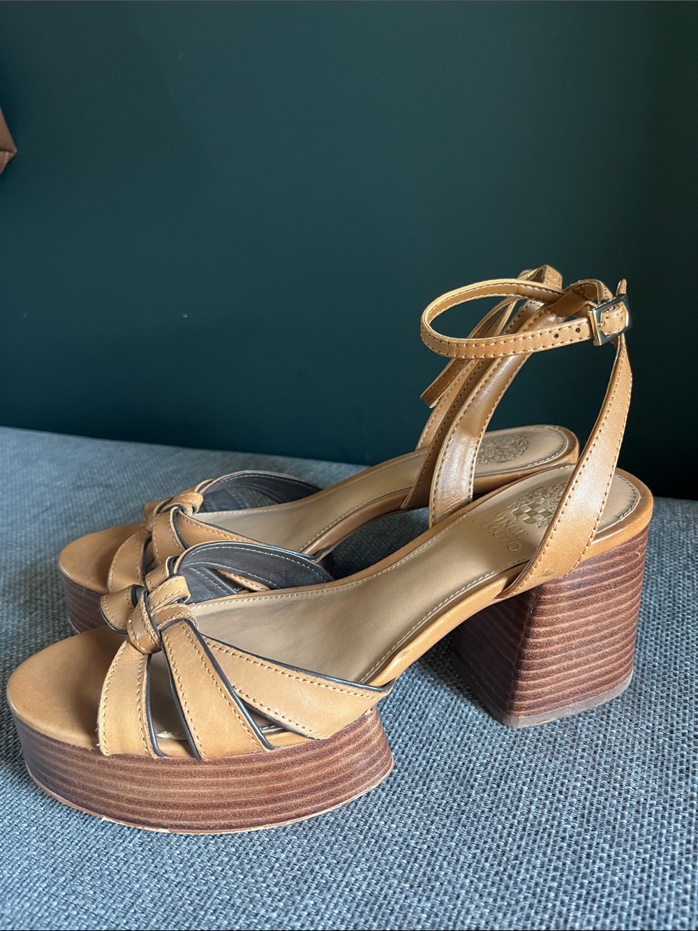 Vince Camuto Cognac Leather Knot-Front Ankle Strap Sandals